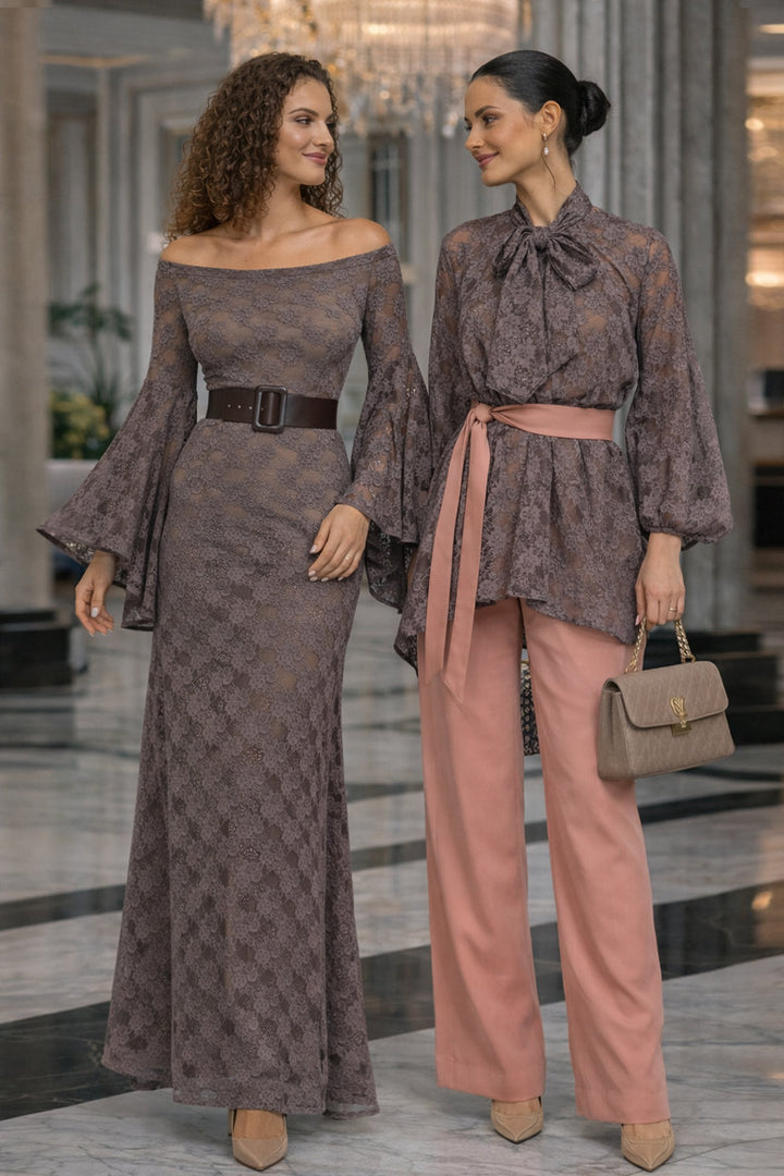 MOCHA LACE SHIRT WITH FRONT BOW AND LONG BACK - ESSENTIALS JIORO ДАНТЕЛЕНА РИЗА В ЦВЯТ МОКА С ИЗДЪЛЖЕН ГРЪБ - ESSENTIALS JIORO