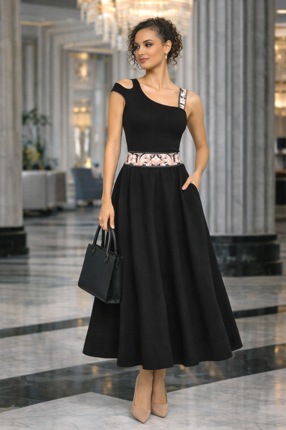 LONG BLACK COTTON SKIRT WITH ELASTIC WAIST AND SIDE POCKETS - ESSENTIALS - Fashion Roots
