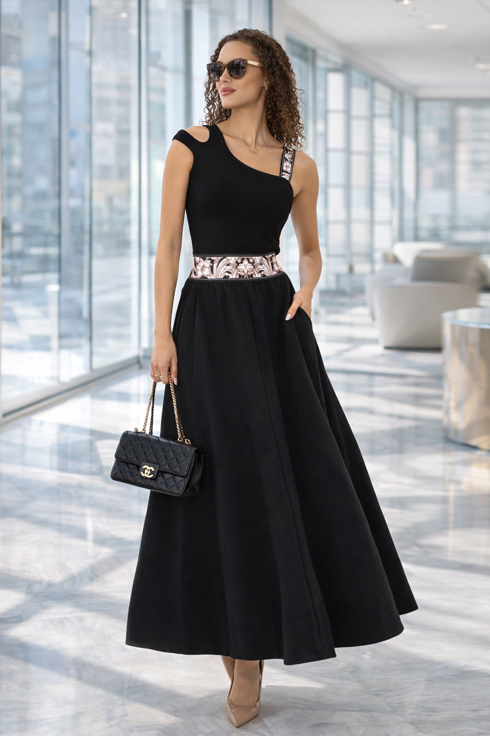 LONG BLACK COTTON SKIRT WITH ELASTIC WAIST AND SIDE POCKETS - ESSENTIALS - Fashion Roots