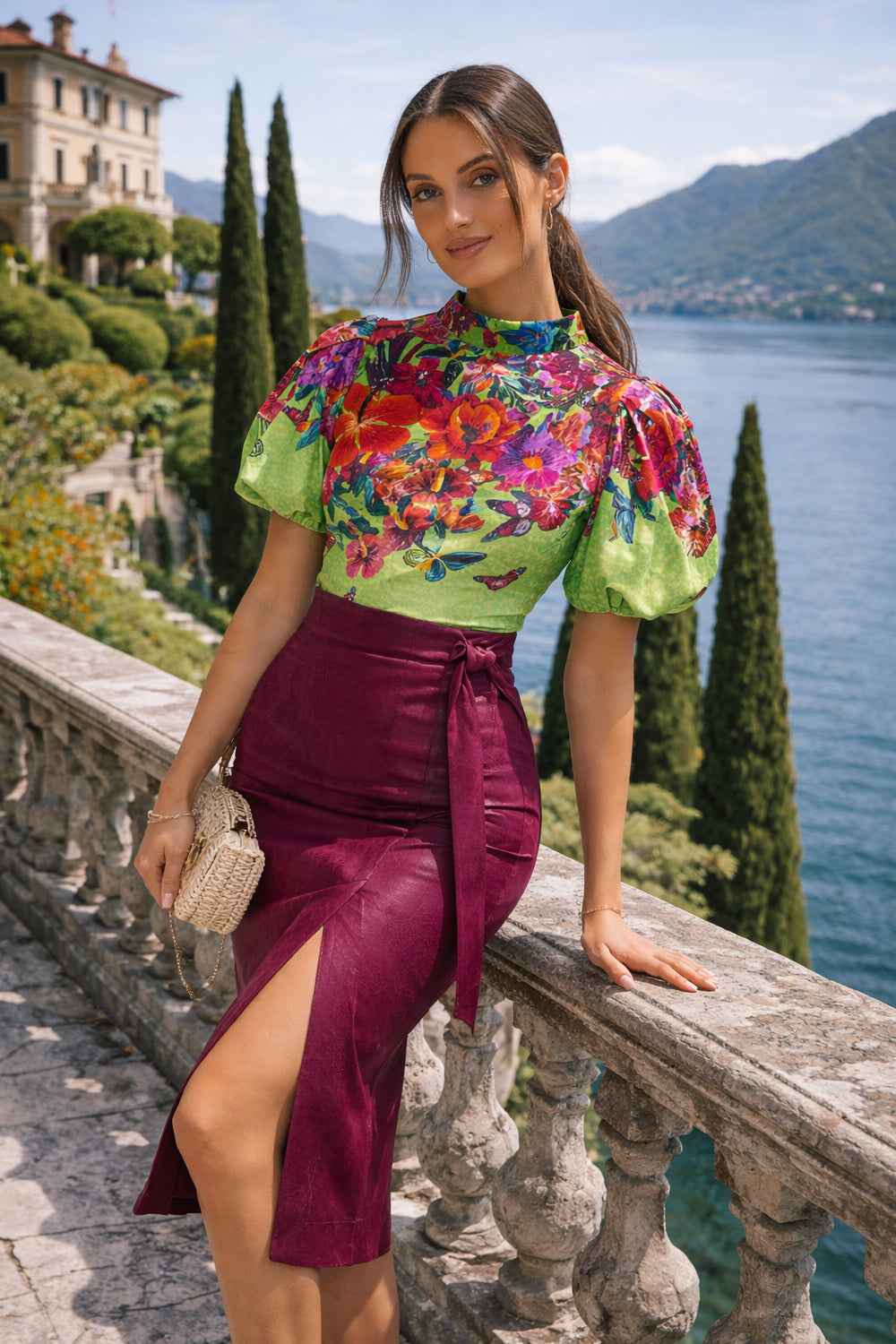 VELVET BLOUSE WITH HIGH NECK AND PUFF SLEEVES - ACID GREEN LOGO