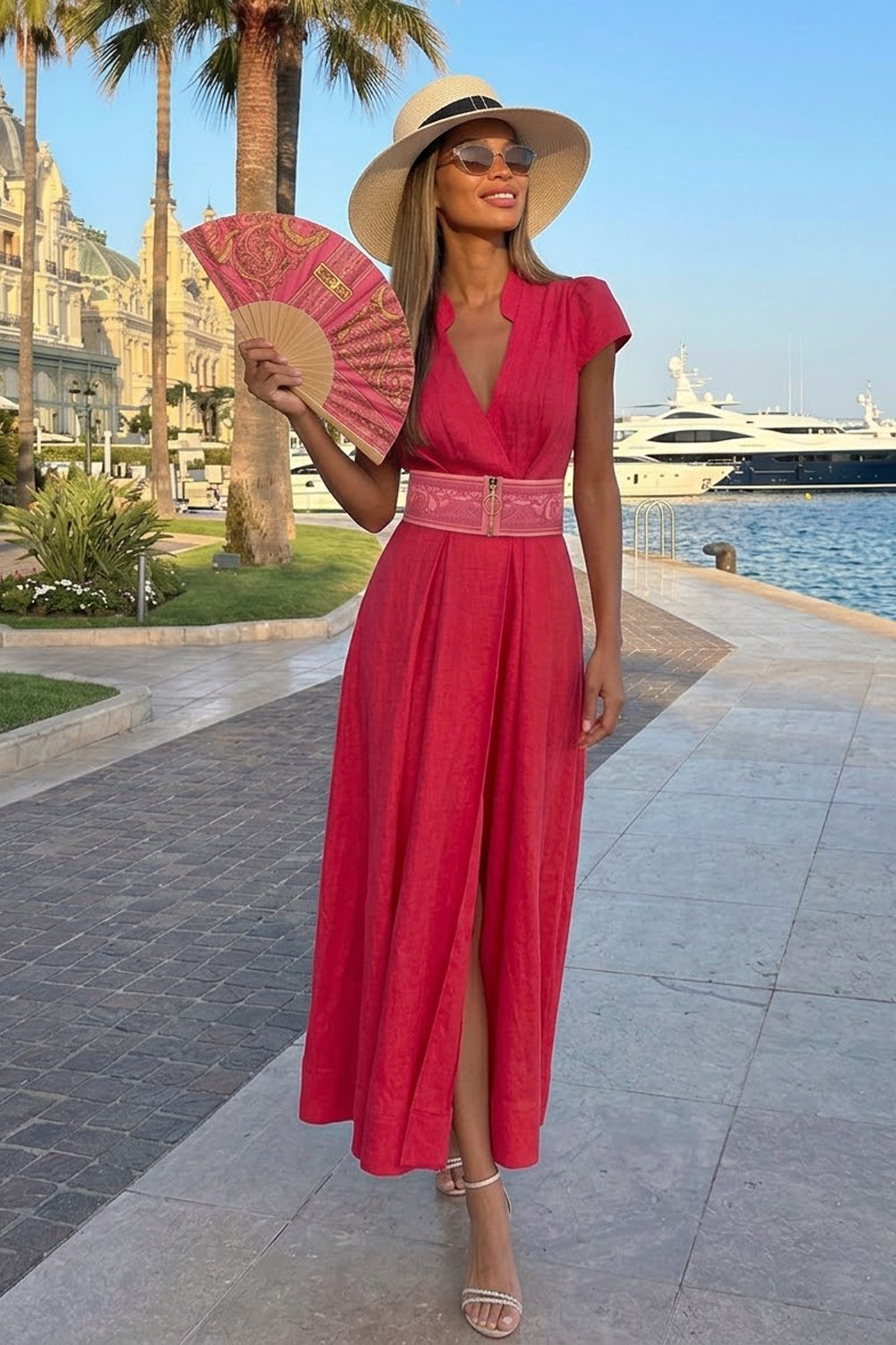 LONG FLARED LINEN DRESS IN FUCHSIA - ESSENTIALS - Fashion Roots