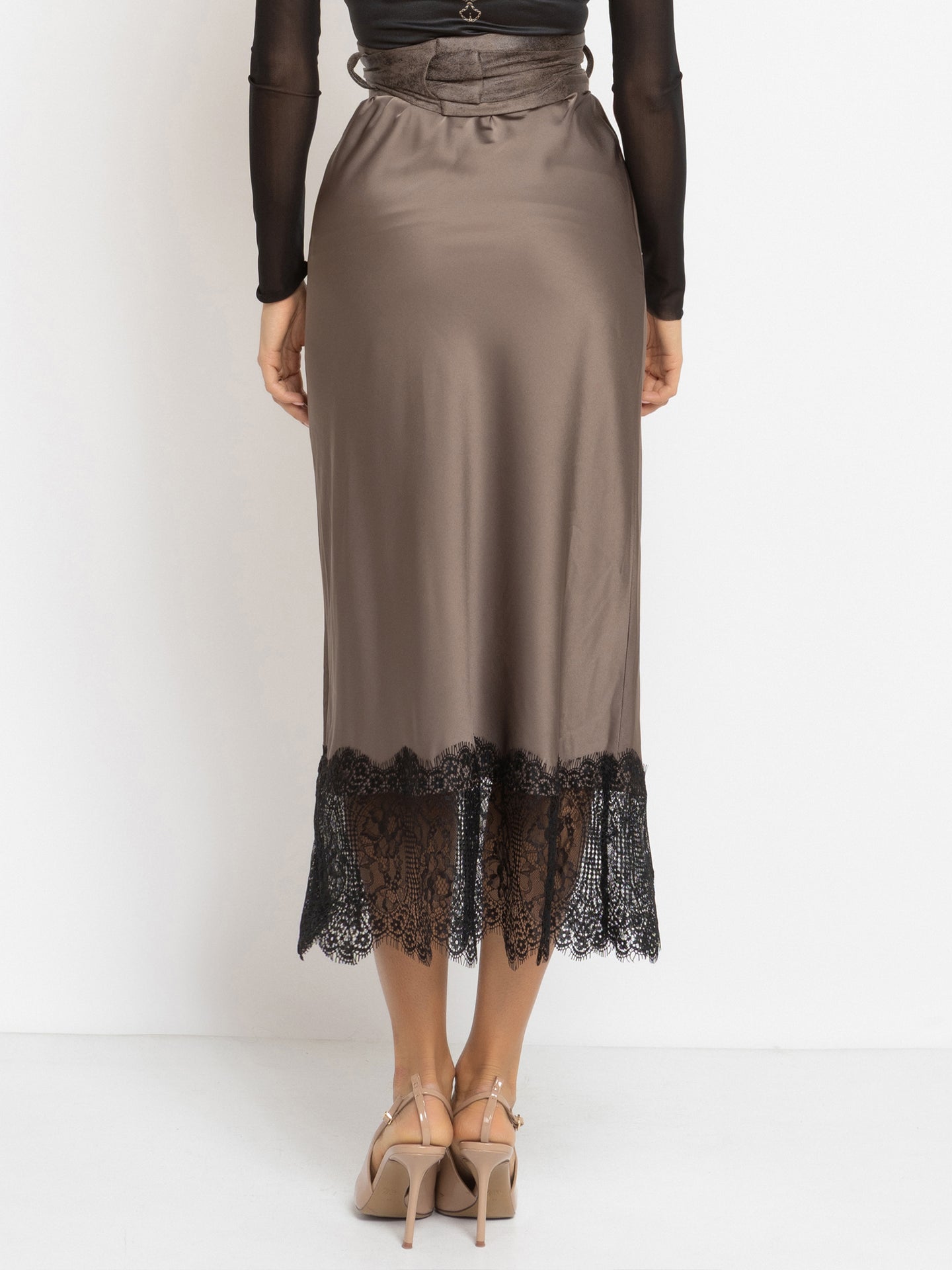 BIAS-CUT SATIN SKIRT WITH LACE AND ELASTIC WAISTBAND IN FANGO - ESSENTIALS