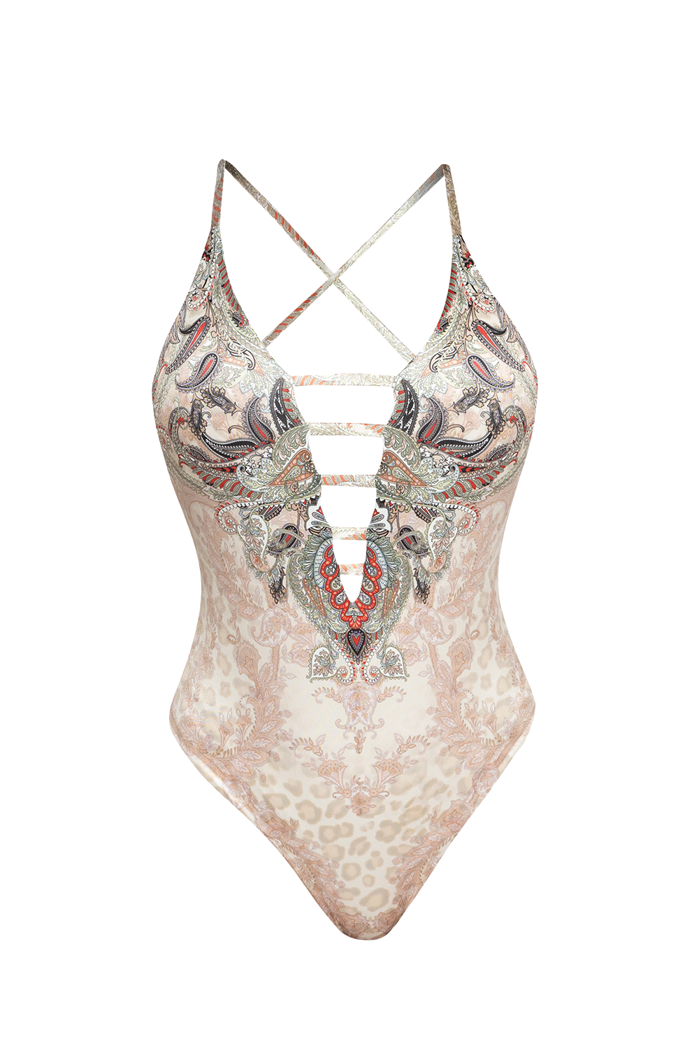 ONE-PIECE DEEP V-NECK SWIMSUIT – PAISLEY BEIGE - Fashion Roots
