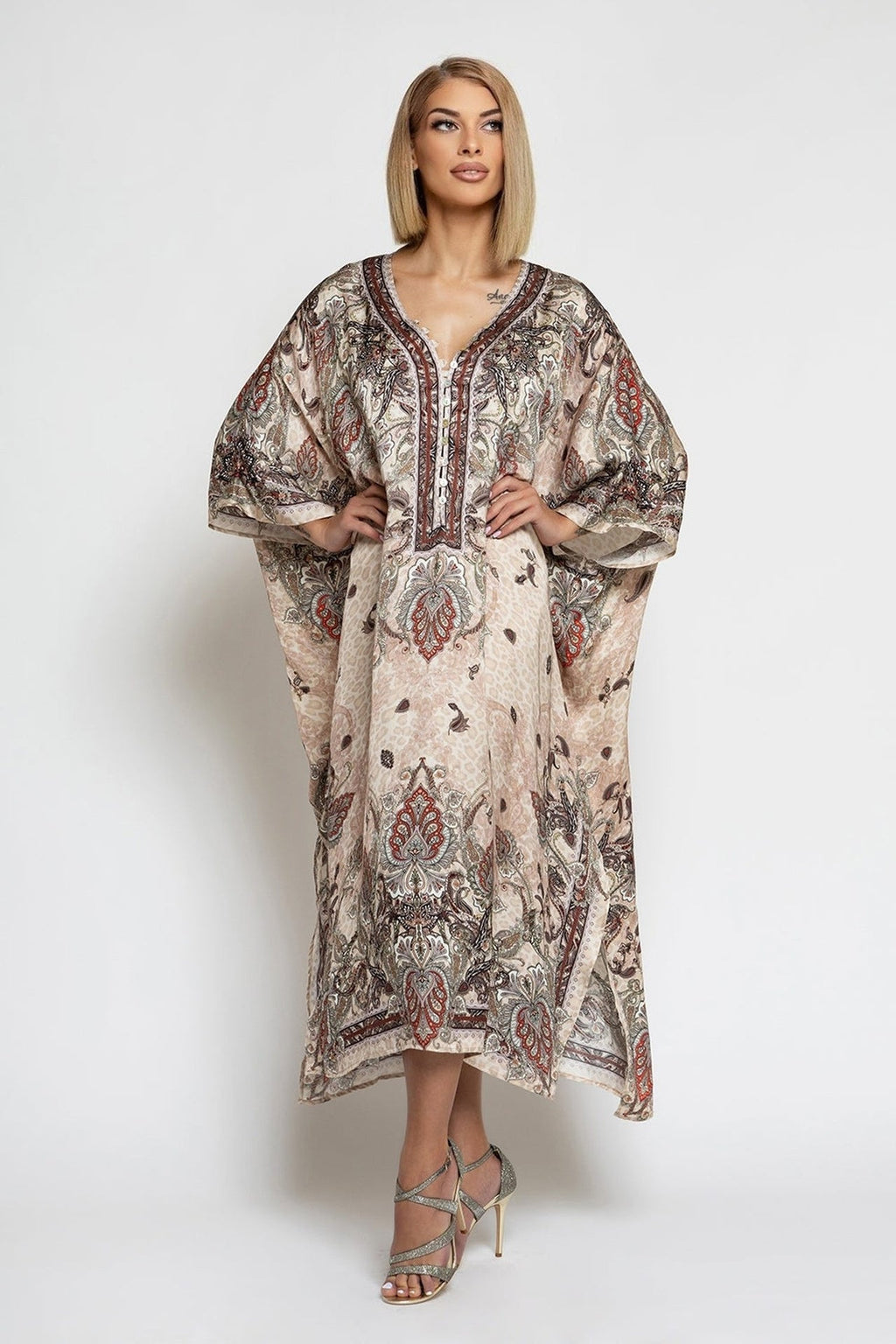 SATIN VISCOSE CAFTAN - PAISLEY BEIGE - Fashion Roots