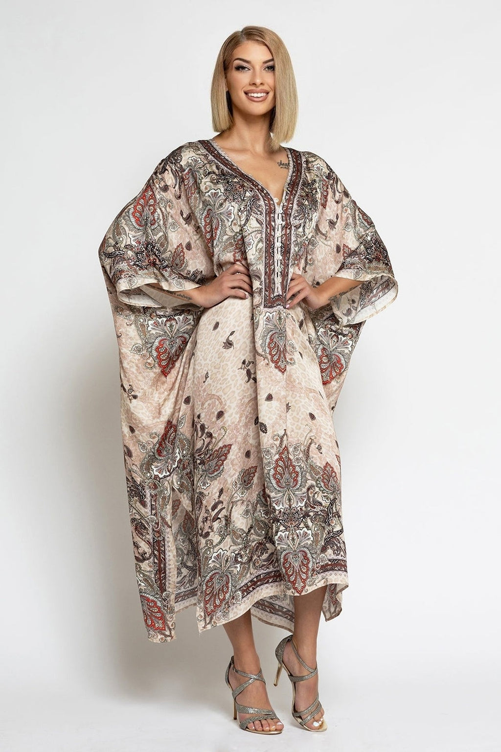 SATIN VISCOSE CAFTAN - PAISLEY BEIGE JIORO КАФТАН ОТ ВИСКОЗА - PAISLEY BEIGE JIORO