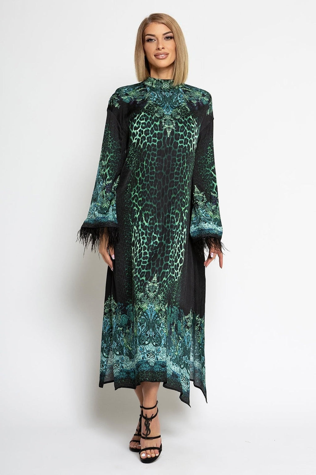 VISCOSE CAFTAN WITH FEATHERS - LEO NEON GREEN JIORO КАФТАН ОТ ВИСКОЗА С ПЕРА - LEO NEON GREEN JIORO