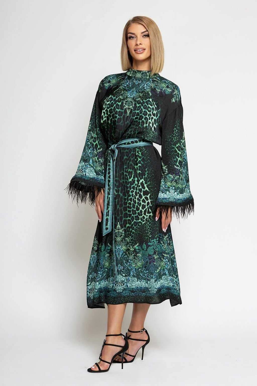 VISCOSE CAFTAN WITH FEATHERS - LEO NEON GREEN - Fashion Roots