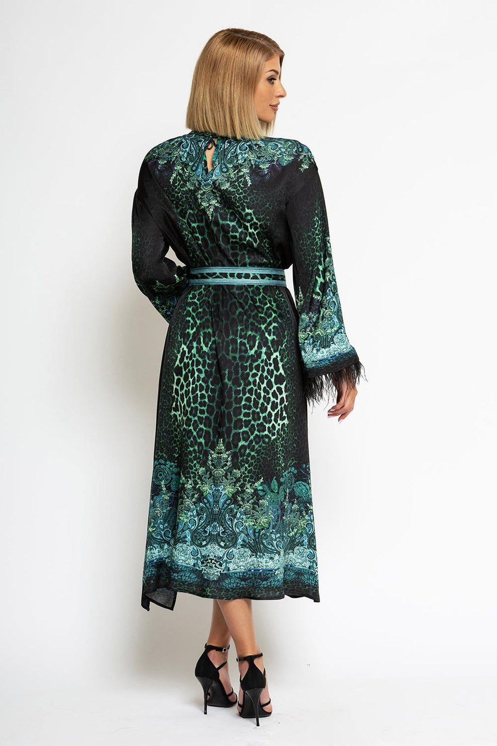 VISCOSE CAFTAN WITH FEATHERS - LEO NEON GREEN - Fashion Roots