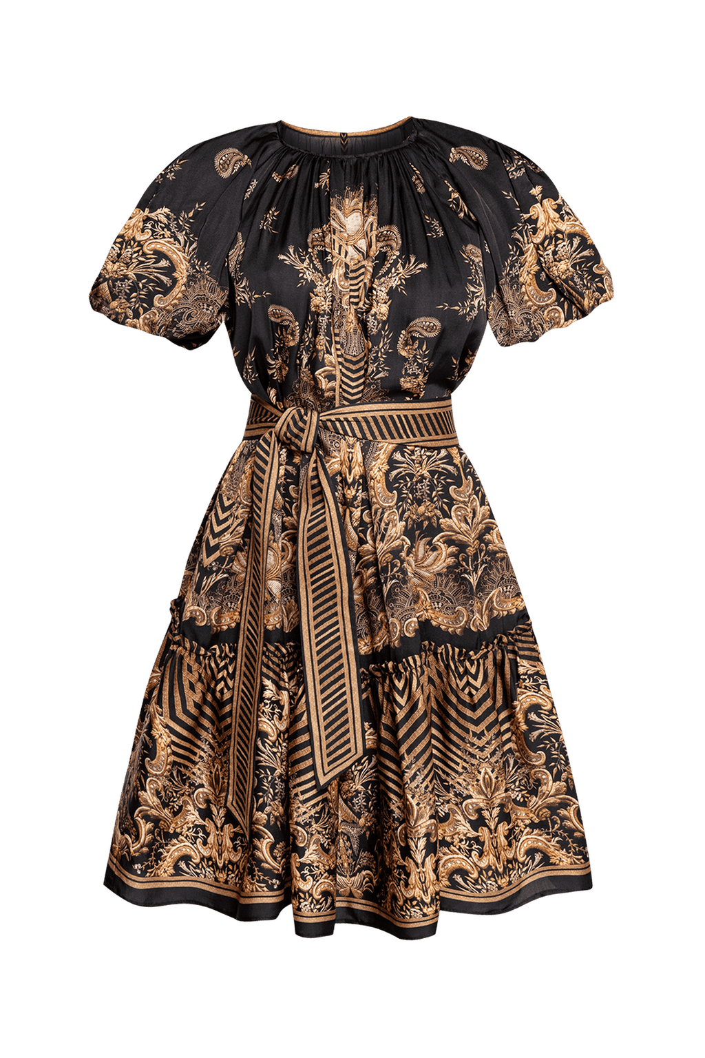VISCOSE SATIN DRESS WITH PUFF SLEEVES - GOLDEN STRIPES - Fashion Roots
