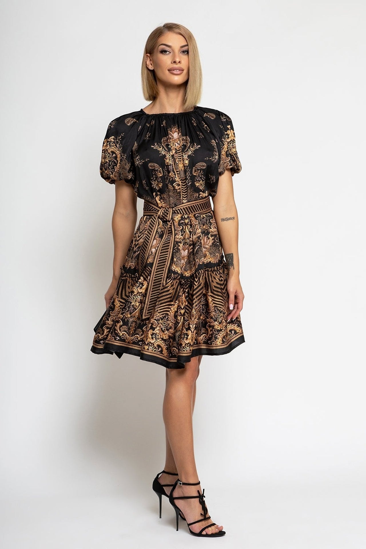 VISCOSE SATIN DRESS WITH PUFF SLEEVES - GOLDEN STRIPES - Fashion Roots