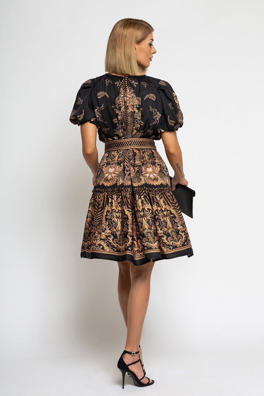 VISCOSE SATIN DRESS WITH PUFF SLEEVES - GOLDEN STRIPES - Fashion Roots