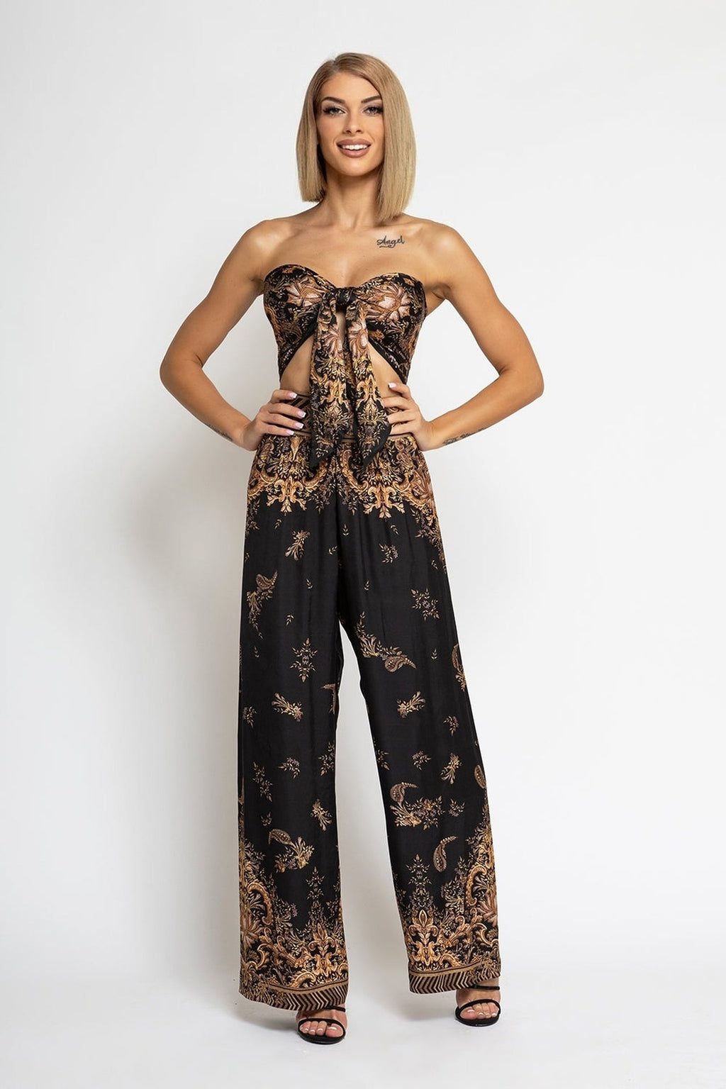 VISCOSE SATIN WIDE-LEG TROUSERS WITH ELASTIC WAIST - GOLDEN STRIPES