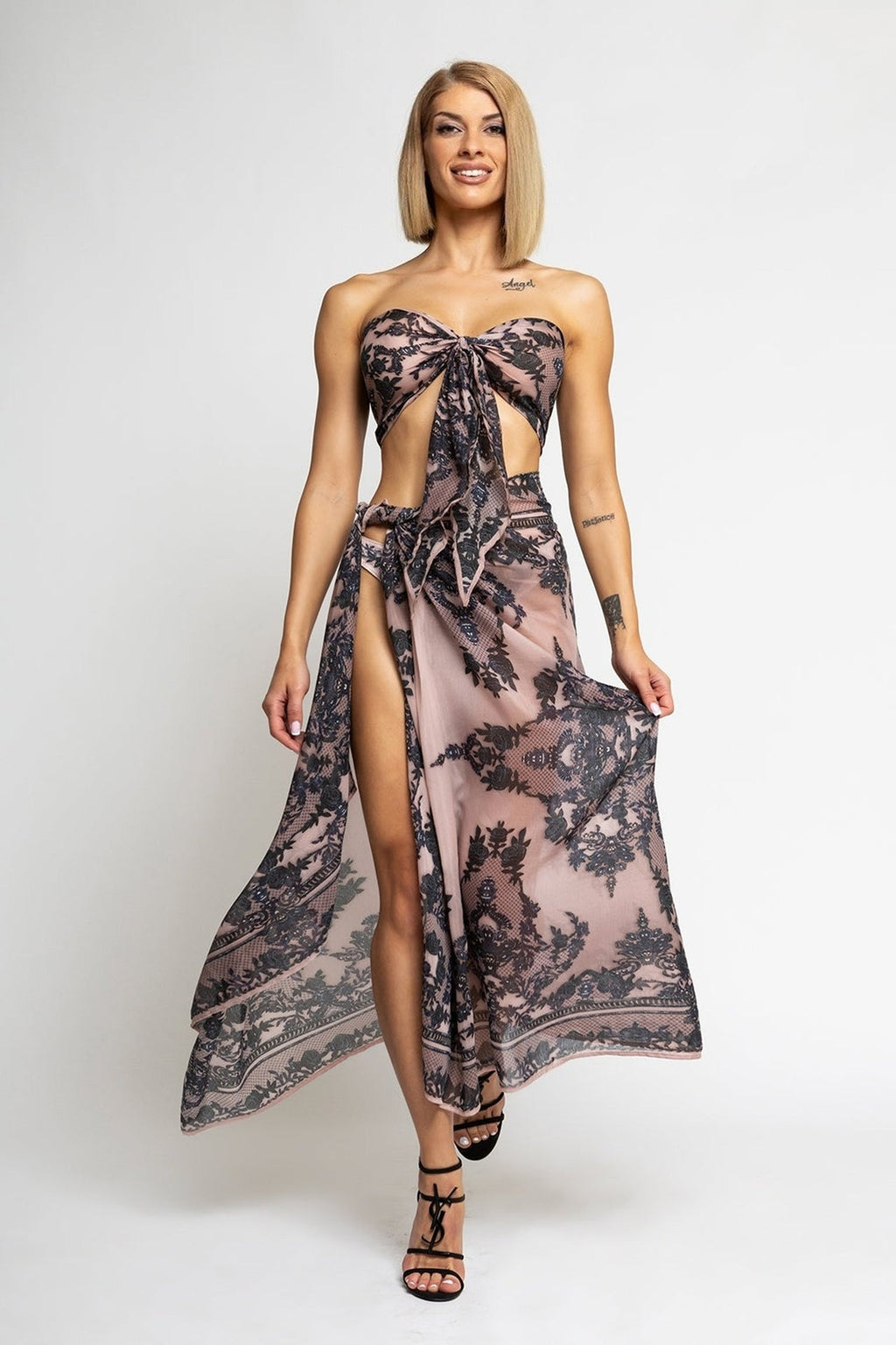 SILK VISCOSE PAREO AND SCARF SET - GRAFFITI POWDER - Fashion Roots