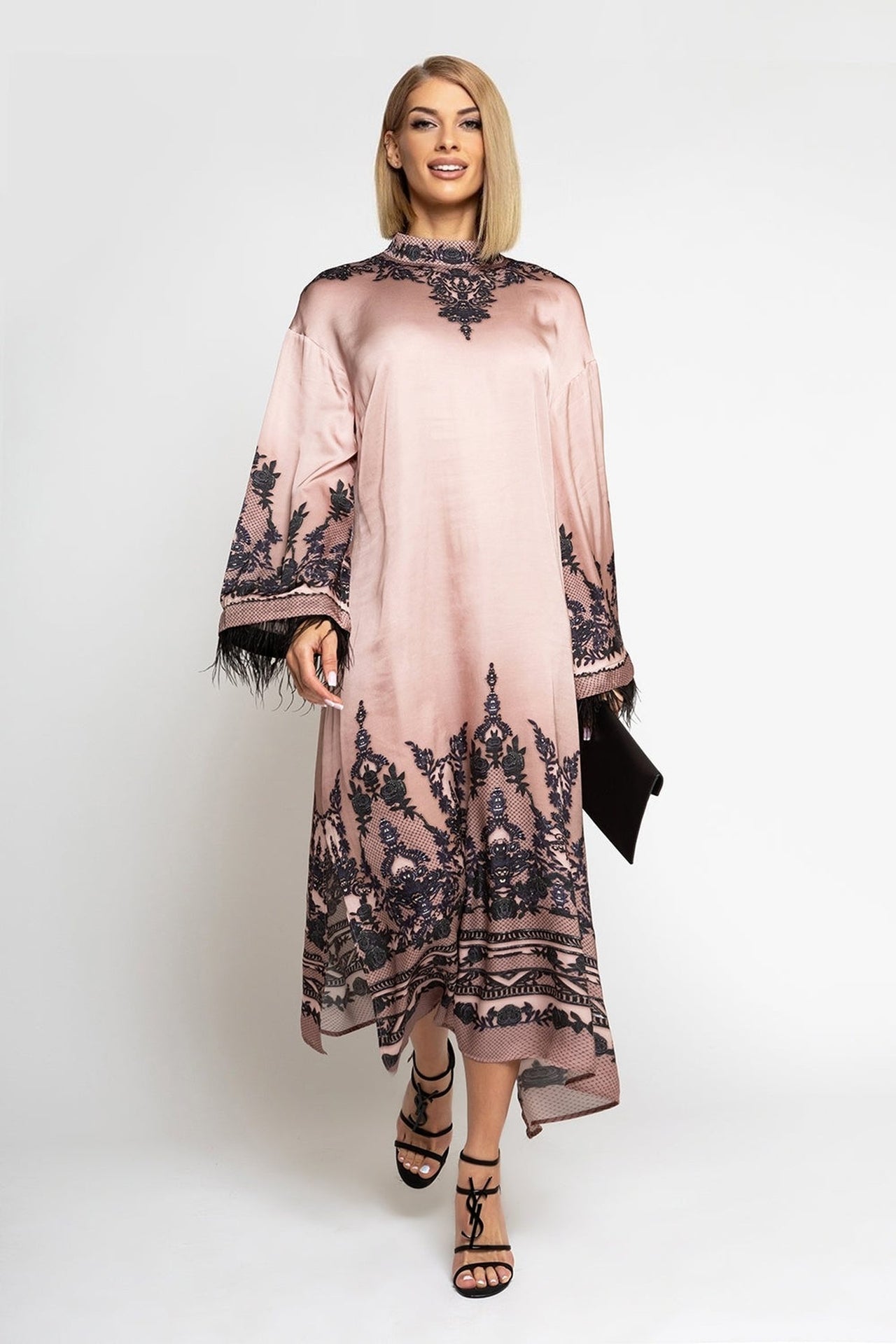 VISCOSE SATIN CAFTAN WITH FEATHERS - GRAFFITI POWDER - Fashion Roots