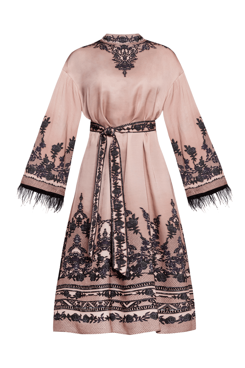 VISCOSE SATIN CAFTAN WITH FEATHERS - GRAFFITI POWDER - Fashion Roots