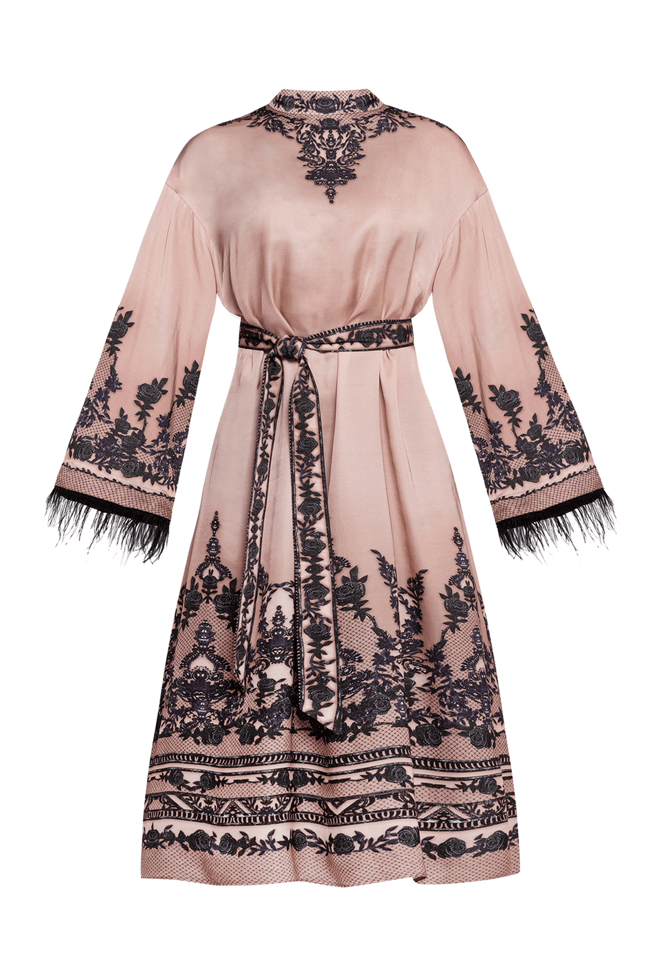 VISCOSE SATIN CAFTAN WITH FEATHERS - GRAFFITI POWDER - Fashion Roots