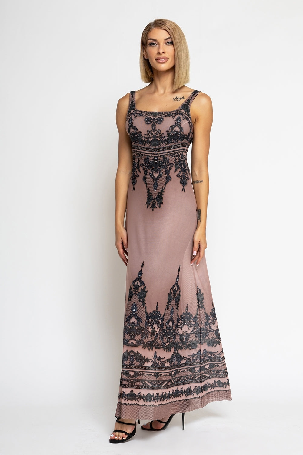SLEEVELESS LONG MESH DRESS WITH SOFT MODAL LINING - GRAFFITI POWDER JIORO ДЪЛГА РОКЛЯ БЕЗ РЪКАВ ОТ МРЕЖА С ПОДПЛАТА ОТ ФИН МОДАЛ - GRAFFITI POWDER JIORO