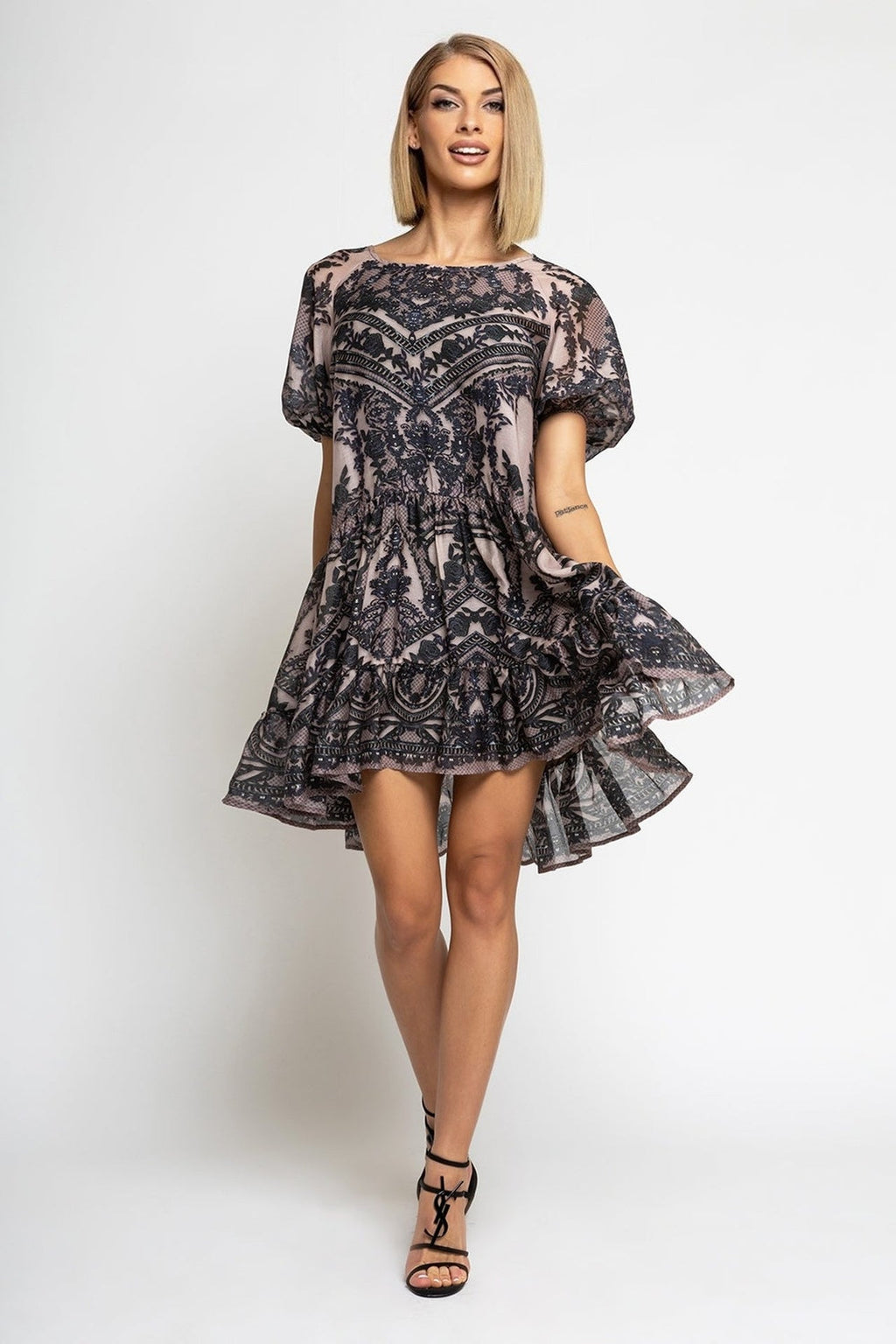 SILK VISCOSE DRESS WITH RUFFLE - GRAFFITI POWDER