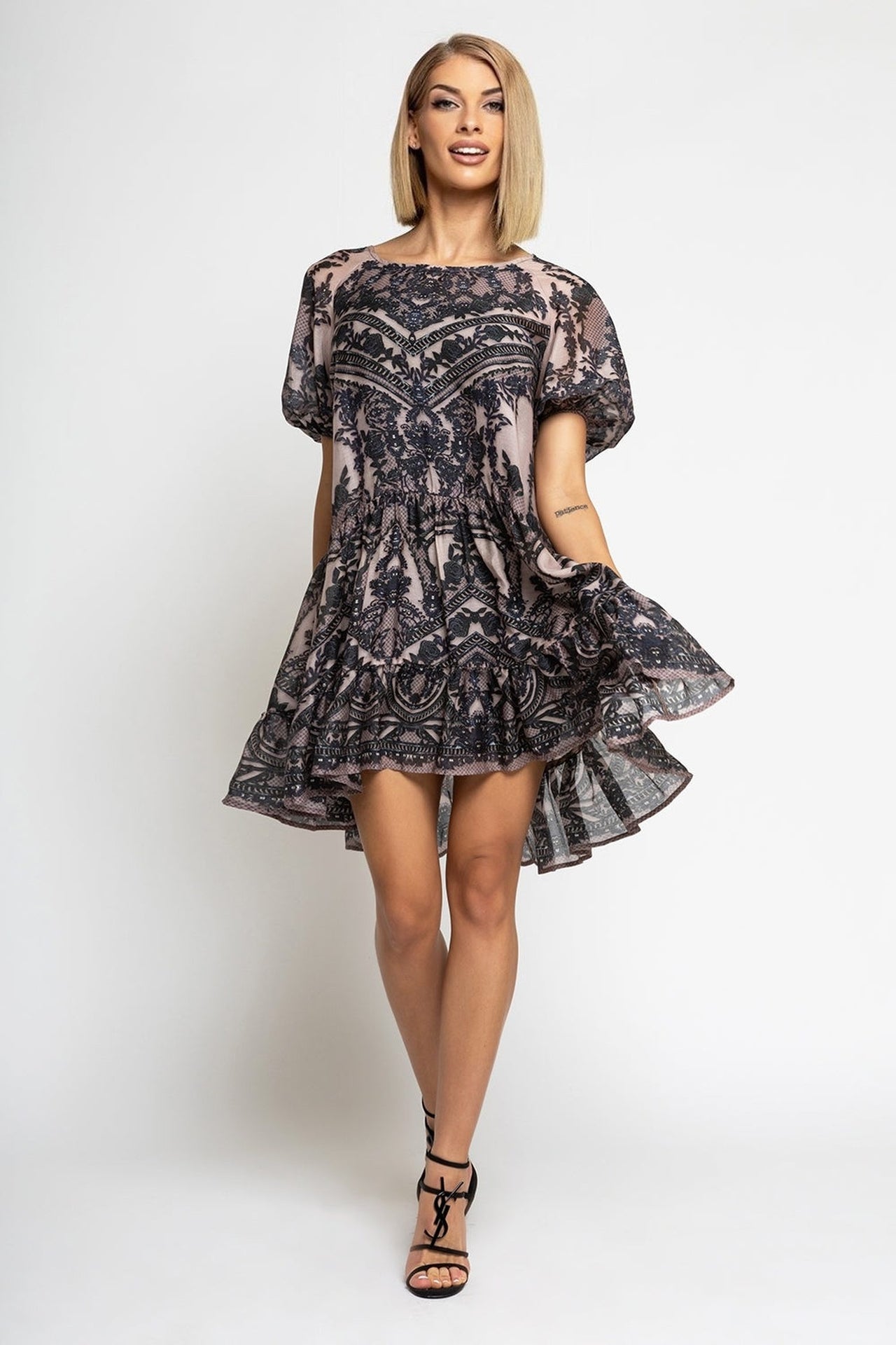 SILK VISCOSE DRESS WITH RUFFLE - GRAFFITI POWDER