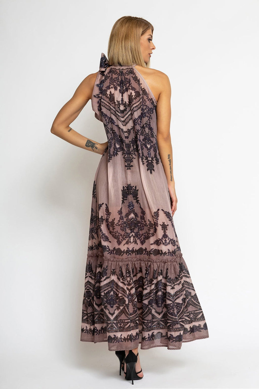 SILK VISCOSE LONG DRESS - GRAFFITI POWDER - Fashion Roots