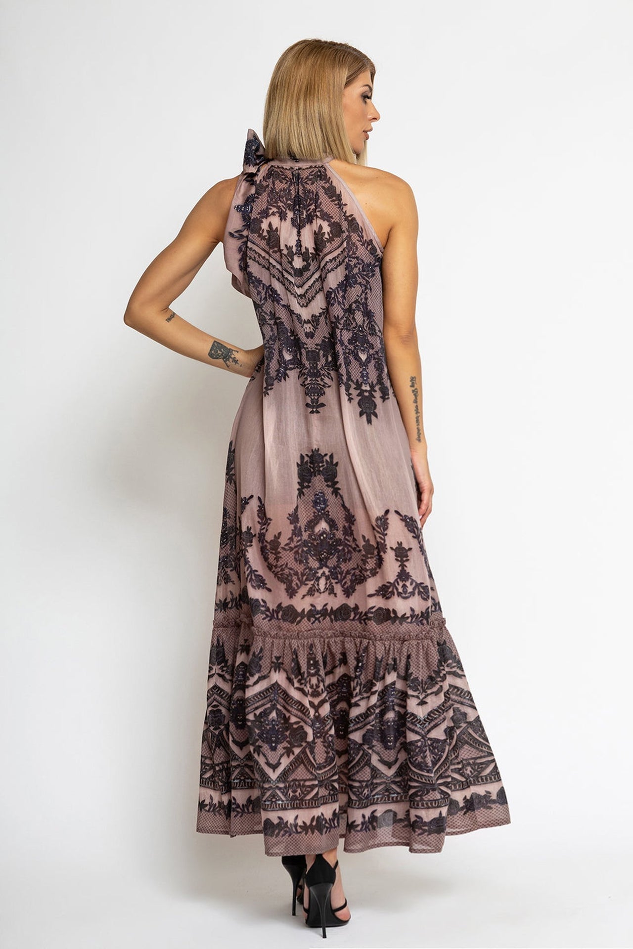 SILK VISCOSE LONG DRESS - GRAFFITI POWDER - Fashion Roots