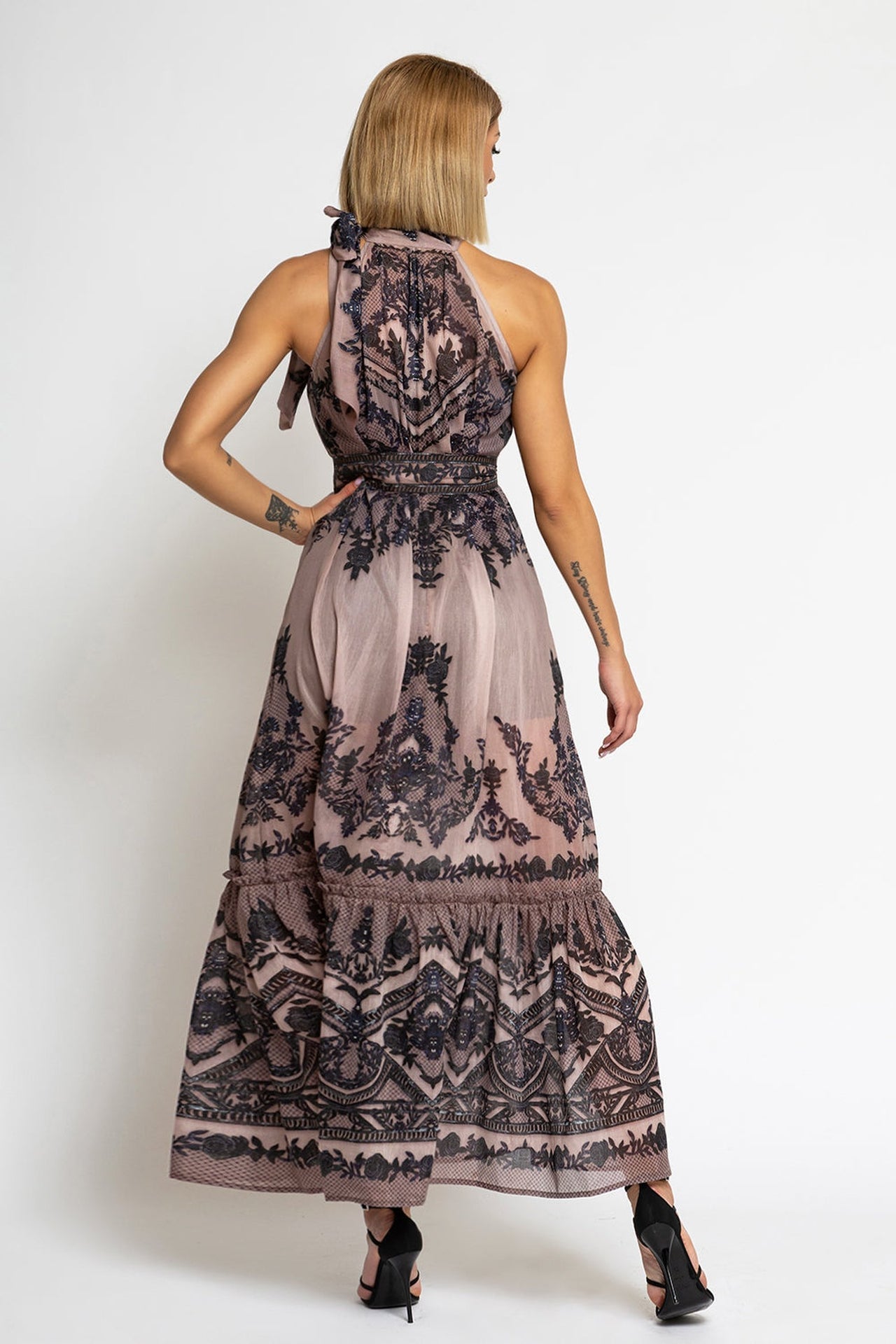 SILK VISCOSE LONG DRESS - GRAFFITI POWDER - Fashion Roots