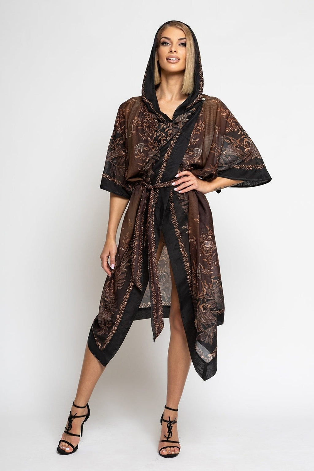 COTTON SILK KIMONO DRESS WITH HOOD - SECRET GARDEN - Fashion Roots