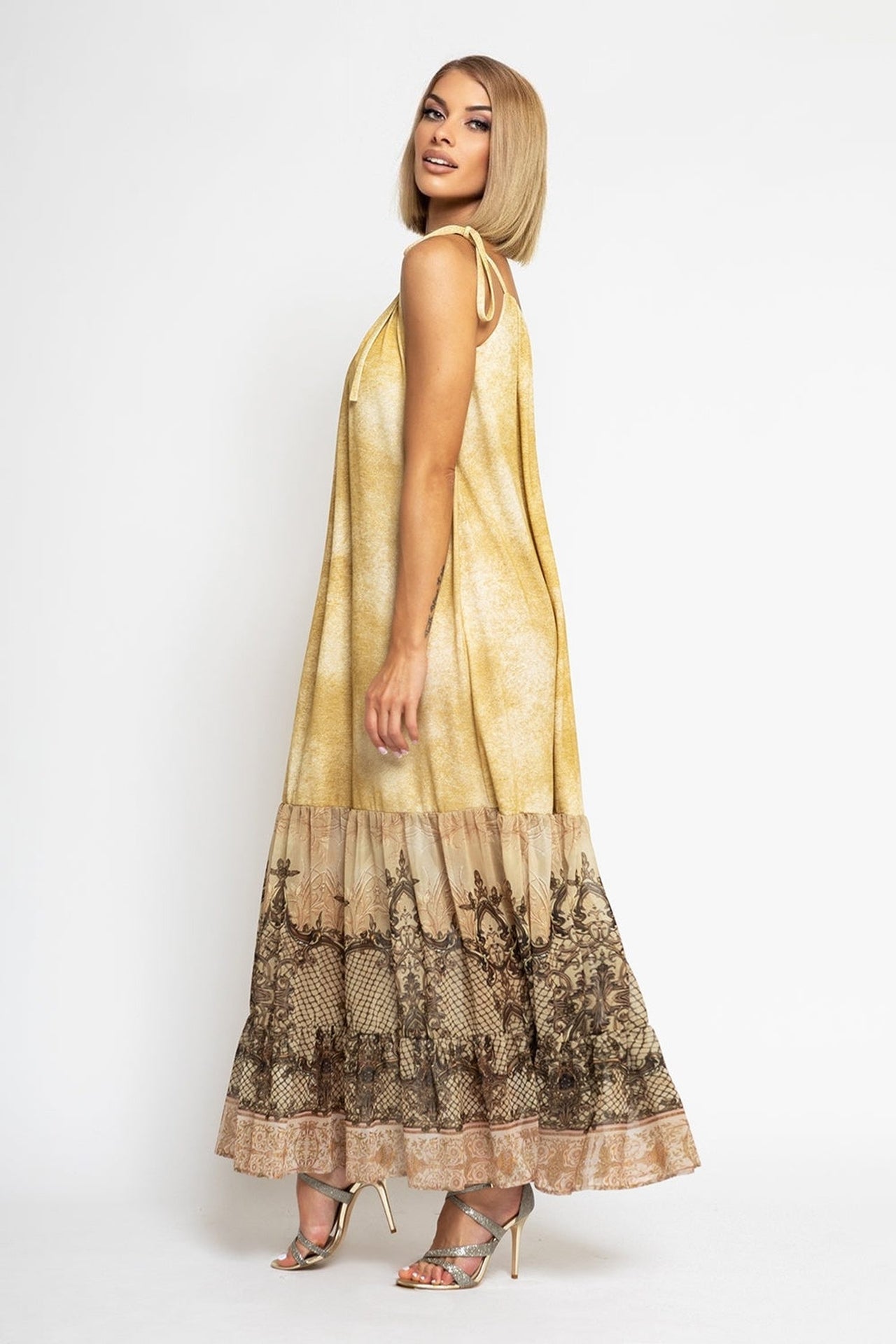 LONG COTTON DRESS WITH CHIFFON RUFFLES - BAROQUE FLOWERS - Fashion Roots