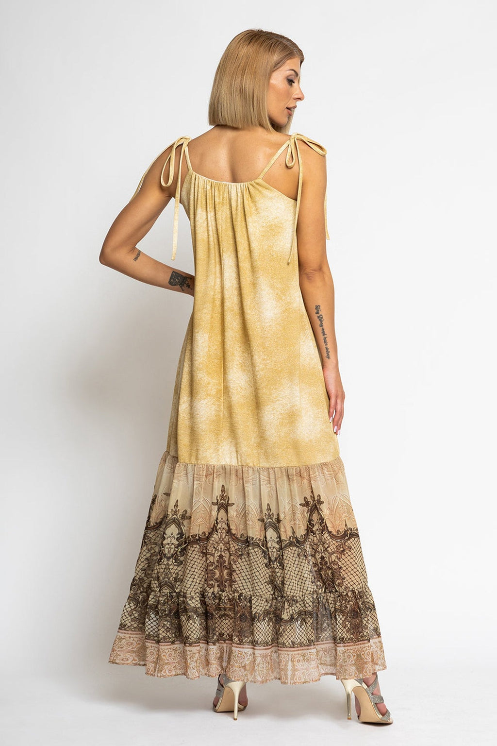 LONG COTTON DRESS WITH CHIFFON RUFFLES - BAROQUE FLOWERS - Fashion Roots