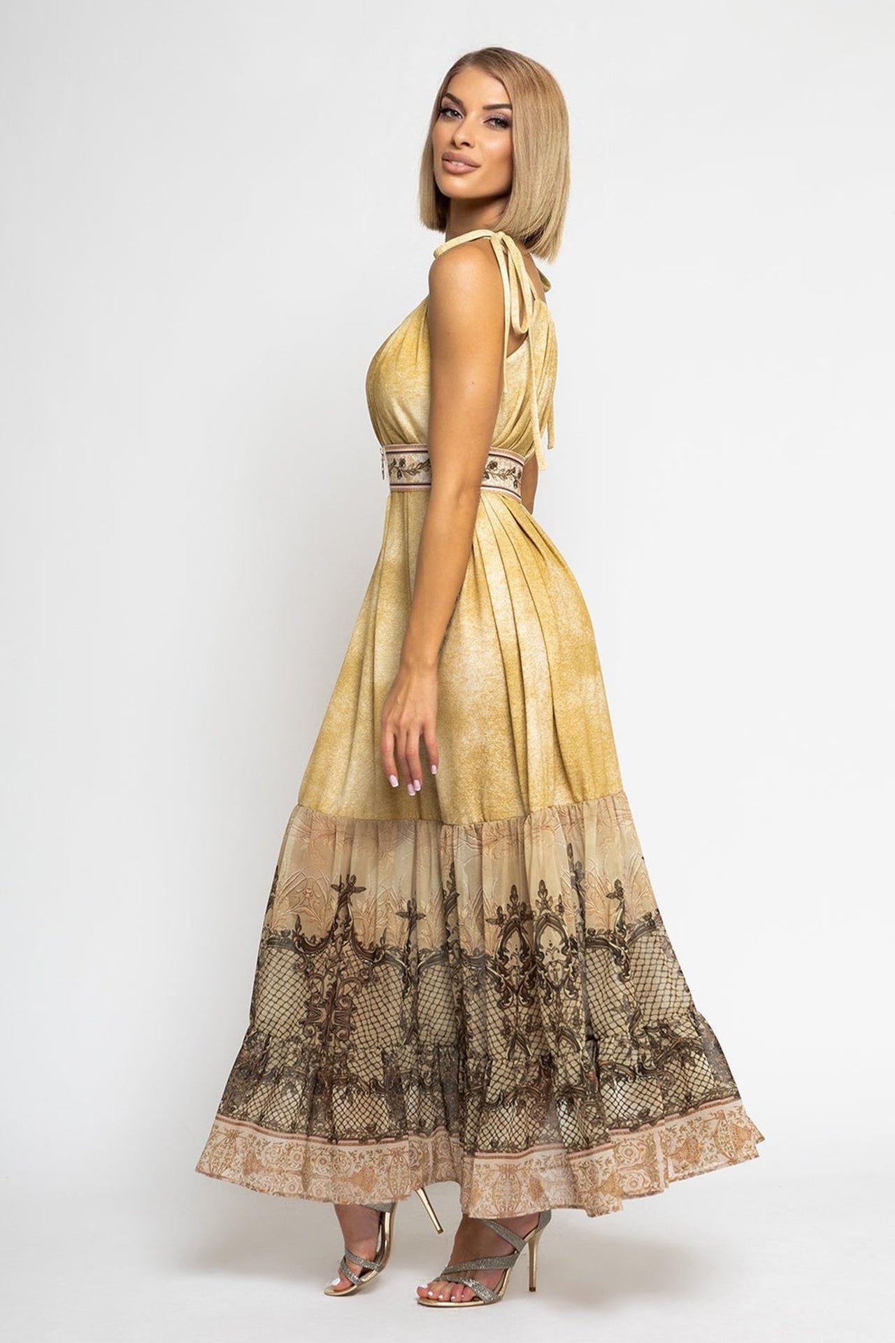 LONG COTTON DRESS WITH CHIFFON RUFFLES - BAROQUE FLOWERS - Fashion Roots