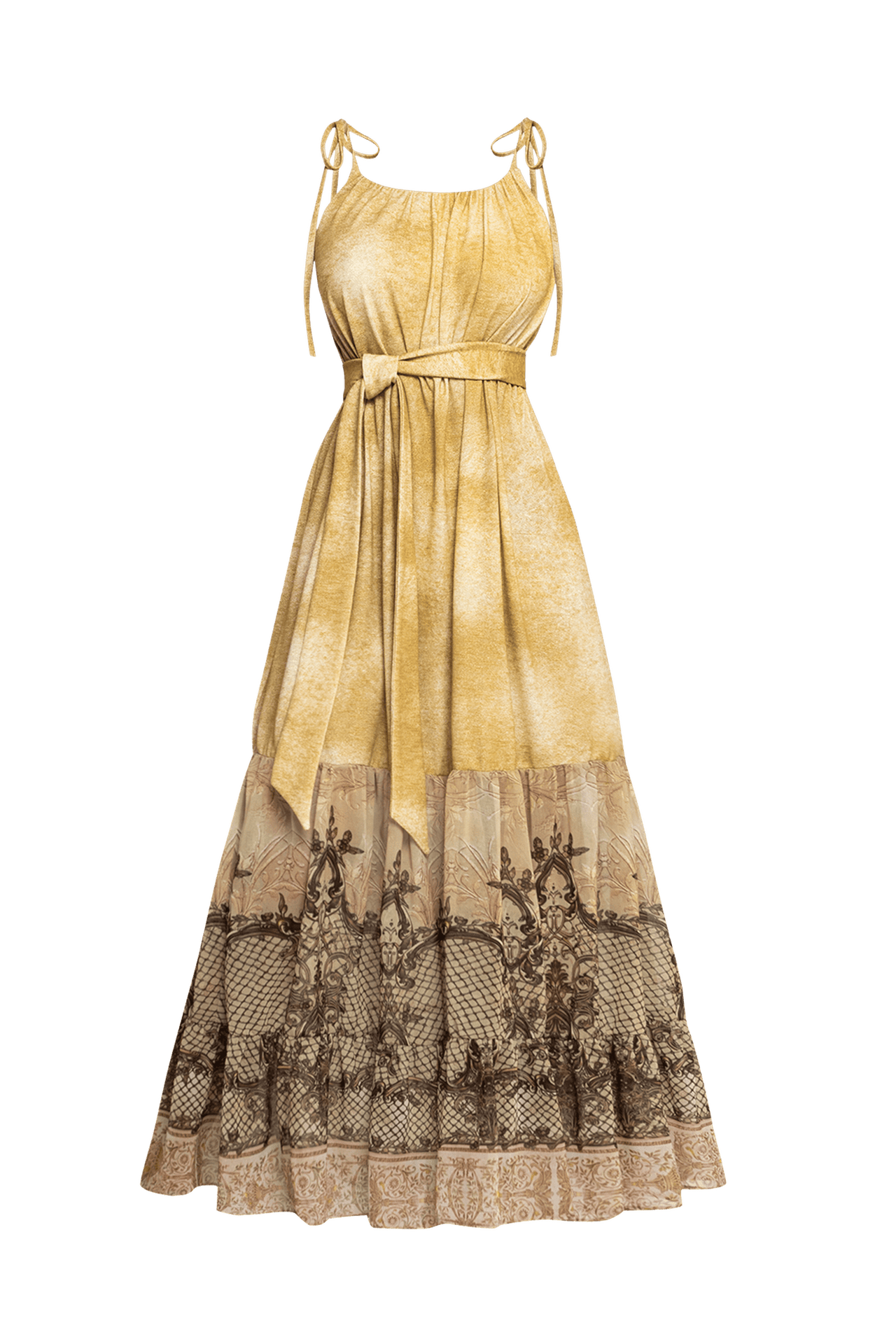 LONG COTTON DRESS WITH CHIFFON RUFFLES - BAROQUE FLOWERS - Fashion Roots