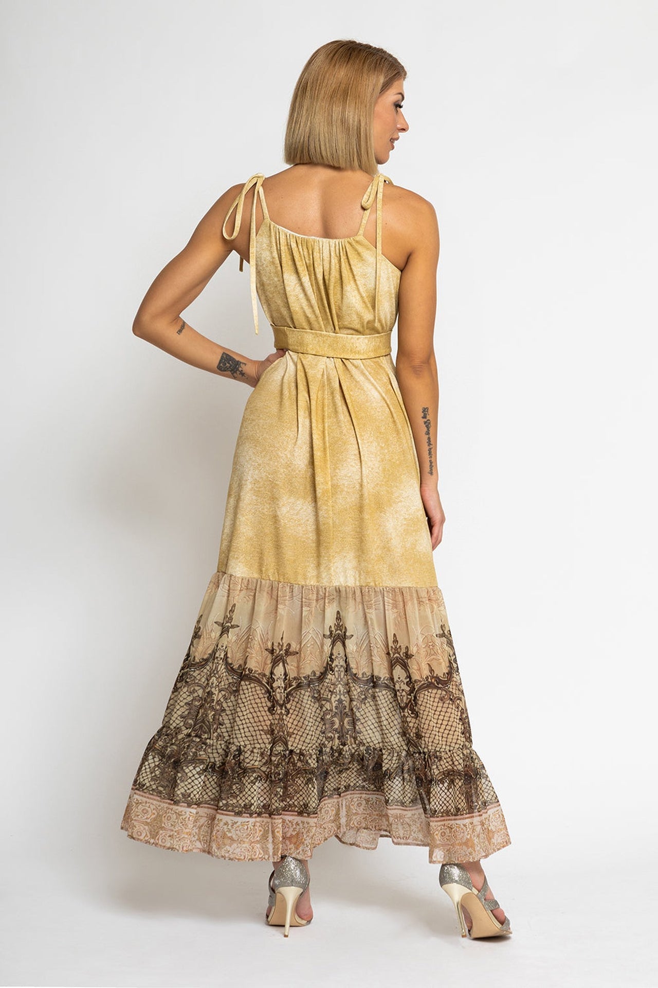 LONG COTTON DRESS WITH CHIFFON RUFFLES - BAROQUE FLOWERS - Fashion Roots