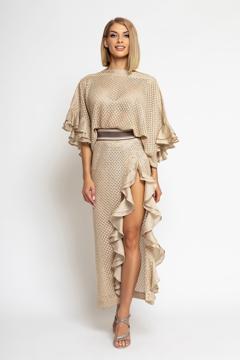 LONG COTTON MESH SKIRT WITH RUFFLES IN BEIGE – ESSENTIALS - Fashion Roots