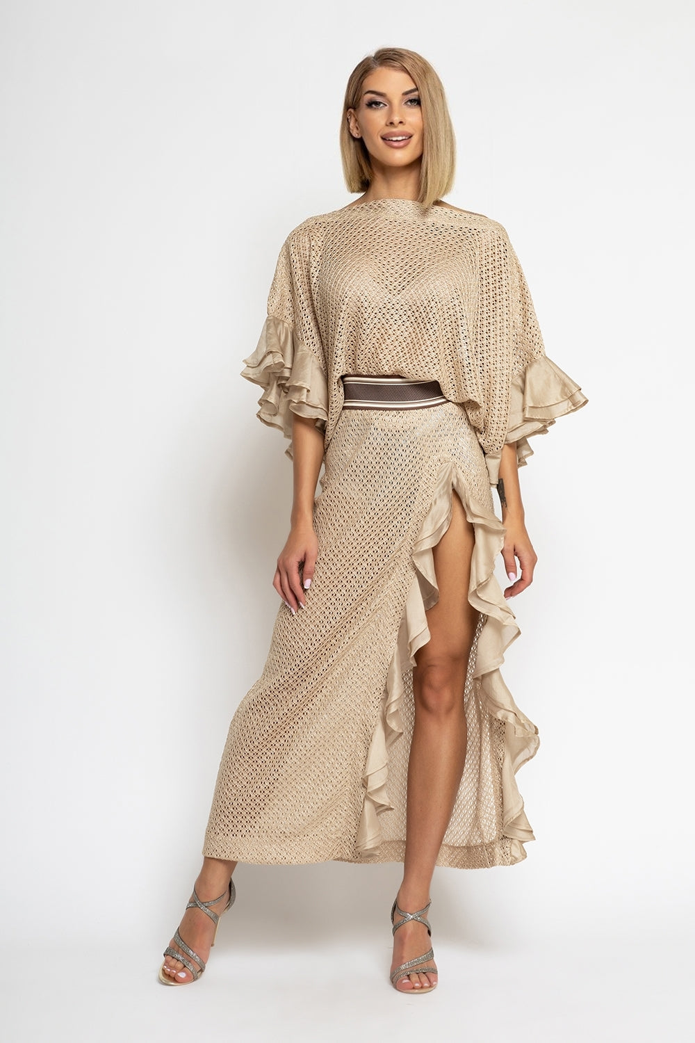 LONG COTTON MESH SKIRT WITH RUFFLES IN BEIGE – ESSENTIALS - Fashion Roots