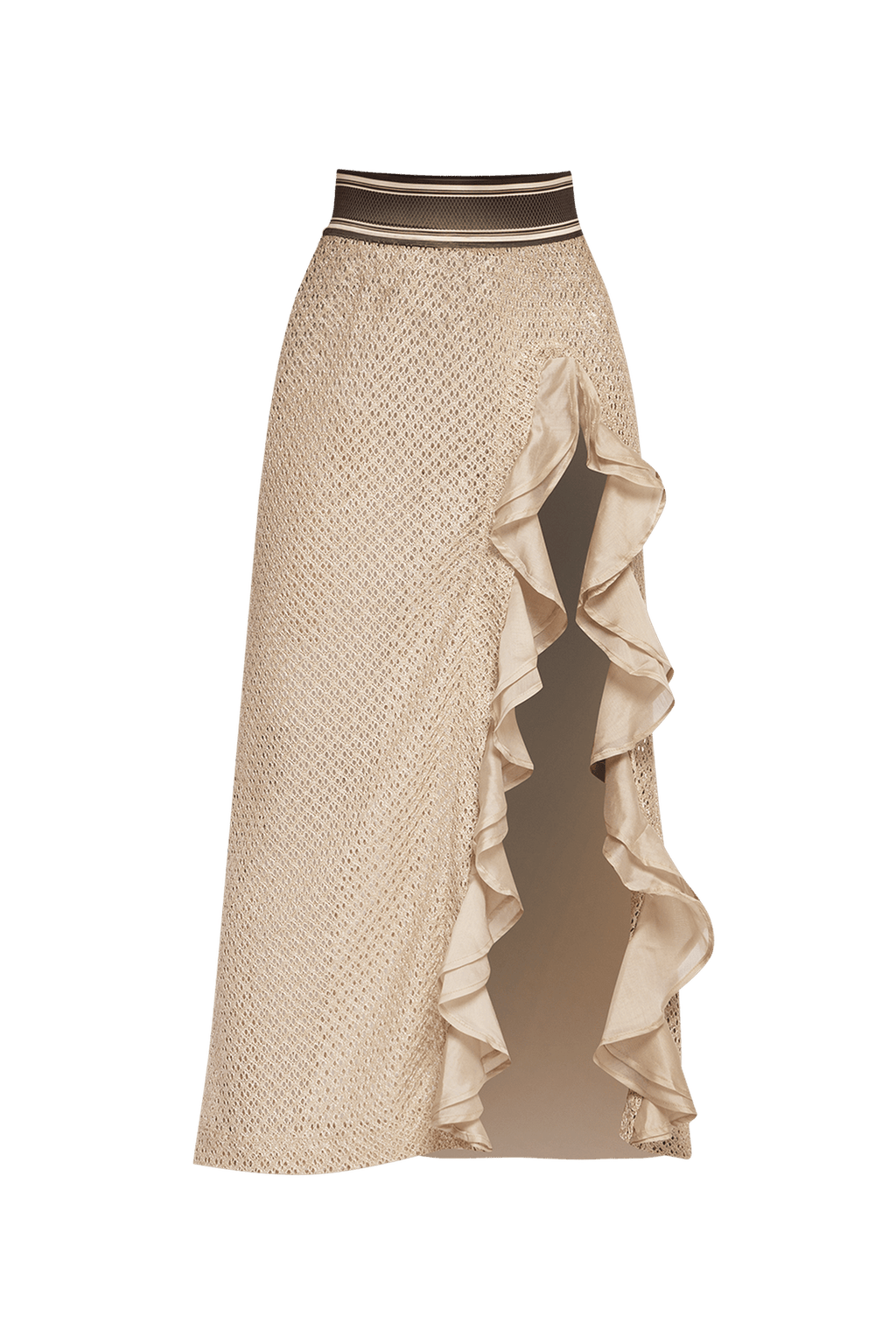 LONG COTTON MESH SKIRT WITH RUFFLES IN BEIGE – ESSENTIALS