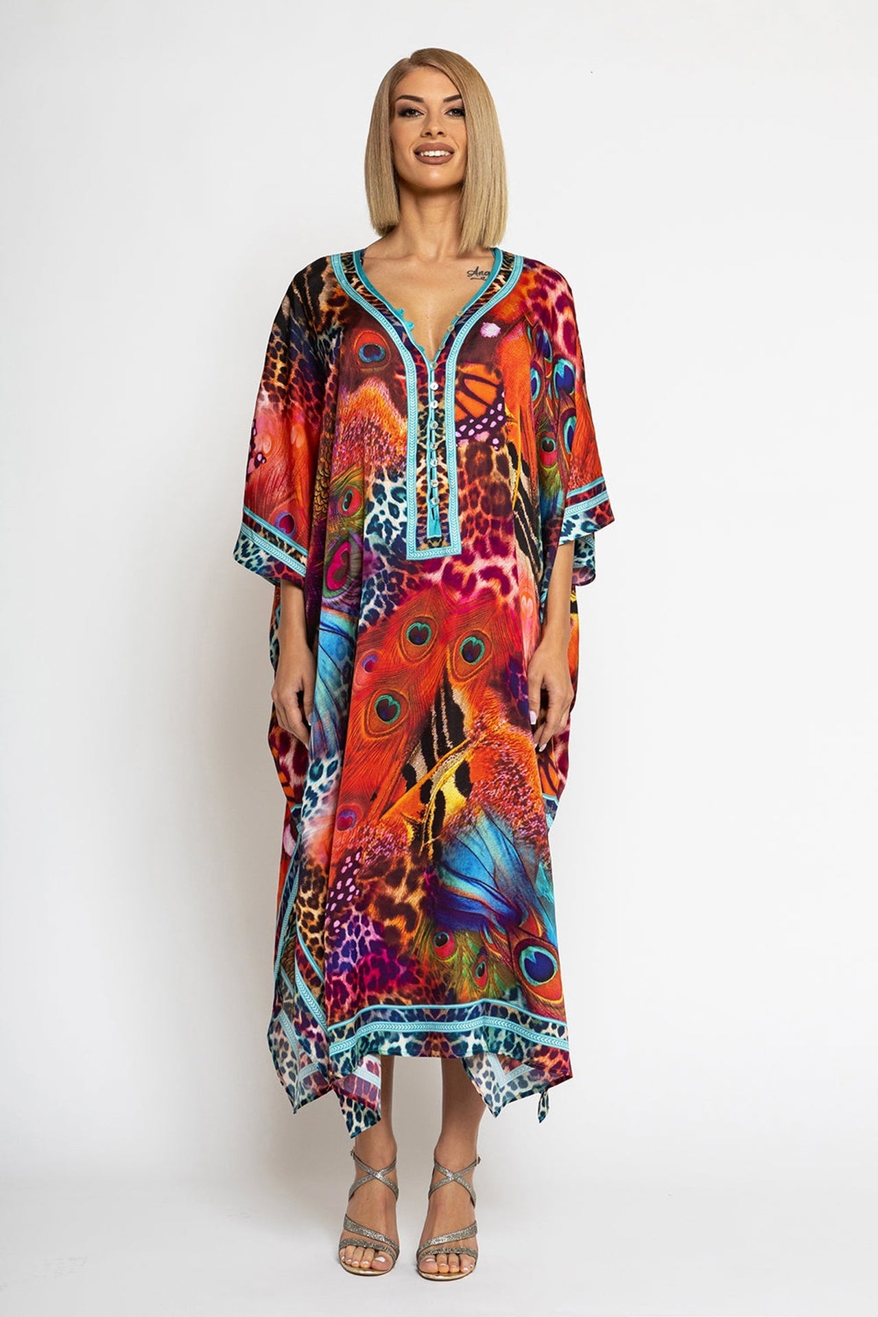 SATIN VISCOSE CAFTAN - LEO NEON WILD - Fashion Roots