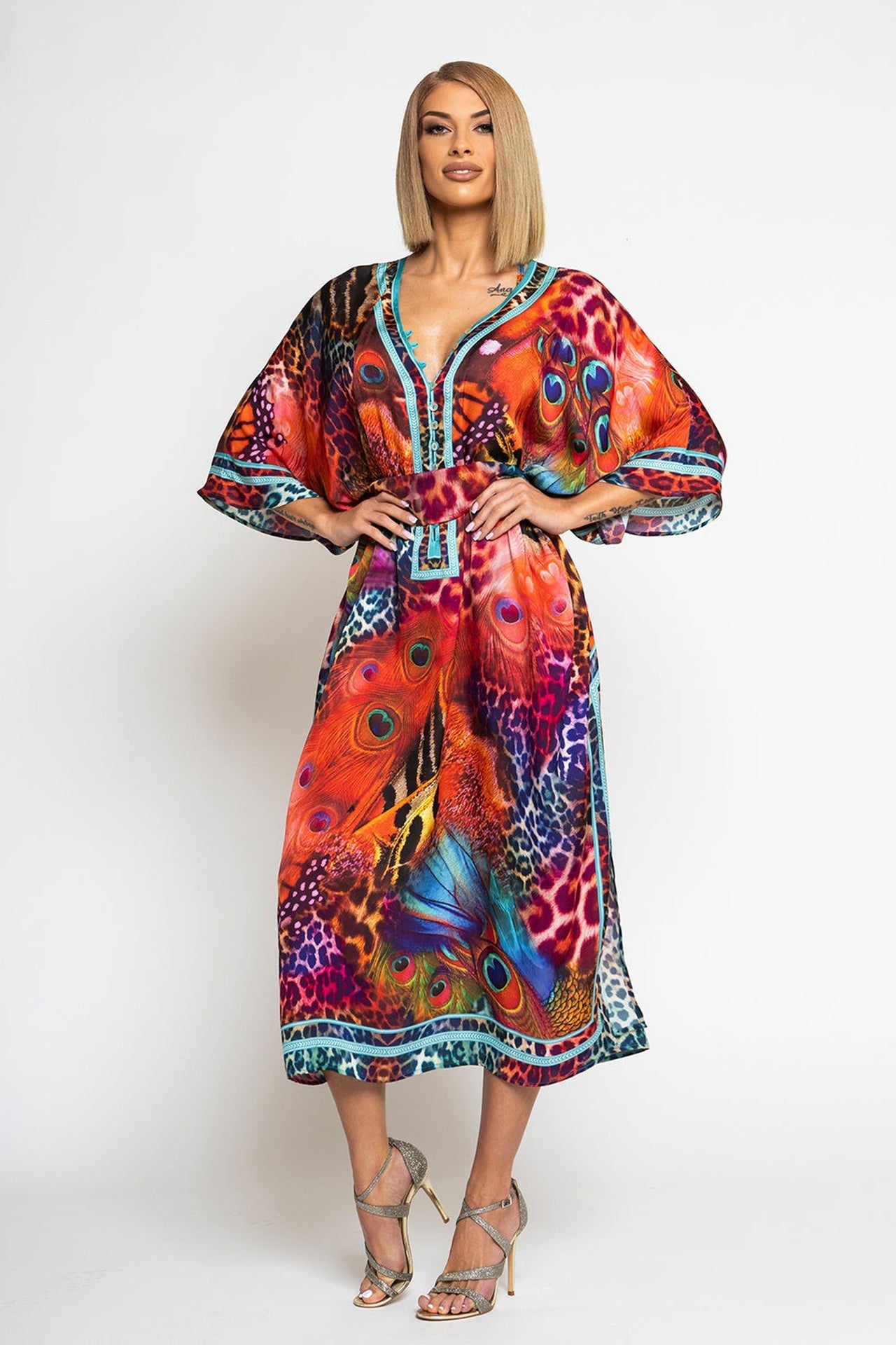 SATIN VISCOSE CAFTAN - LEO NEON WILD - Fashion Roots