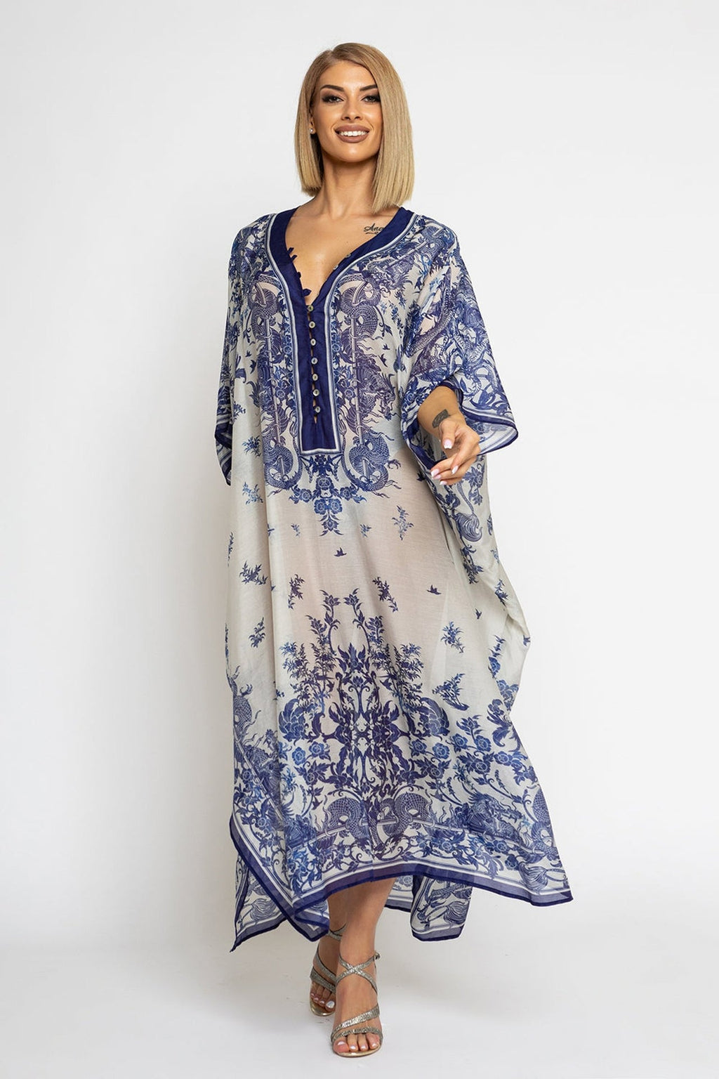SILK COTTON CAFTAN - ASIA SKY - Fashion Roots