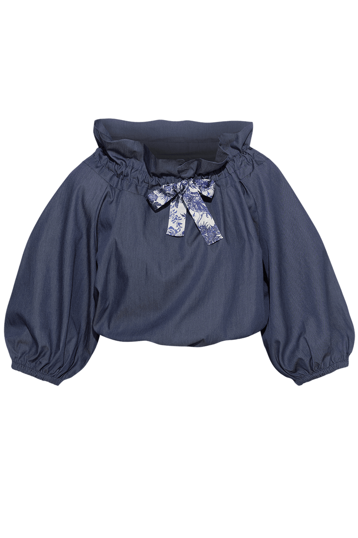RUFFLED HIGH-NECK BLOUSE WITH PUFF SLEEVES - ASIA SKY - Fashion Roots