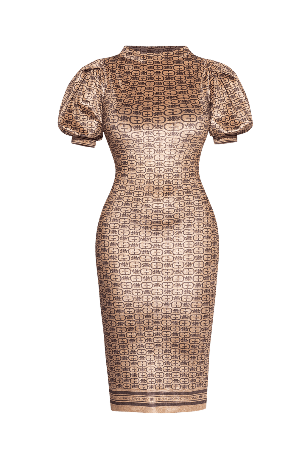 FITTED DRESS MADE OF SMOOTH VELVET - DARK BROWN LOGO JIORO ВТАЛЕНА РОКЛЯ ОТ КАДИФЕ С ВИСОКА ЯКА - DARK BROWN LOGO JIORO