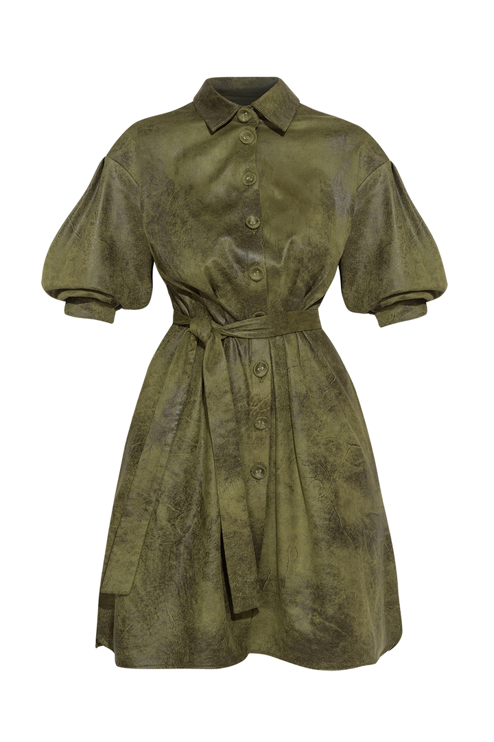 SUEDE-LOOK SHIRT DRESS IN OLIVE GREEN - ESSENTIALS - Fashion Roots