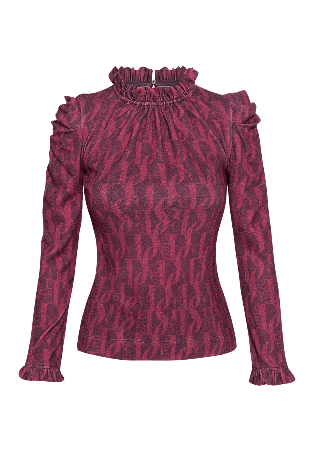 BLOUSE WITH GATHERED NECKLINE AND LOGO PRINT - BURGUNDY LOGO JIORO БЛУЗА ОТ ФИНО ПЛЕТИВО - BURGUNDY LOGO JIORO