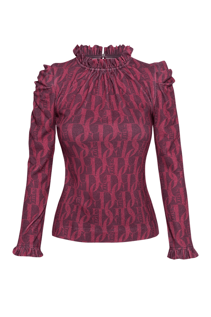BLOUSE WITH GATHERED NECKLINE AND LOGO PRINT - BURGUNDY LOGO JIORO БЛУЗА ОТ ФИНО ПЛЕТИВО - BURGUNDY LOGO JIORO
