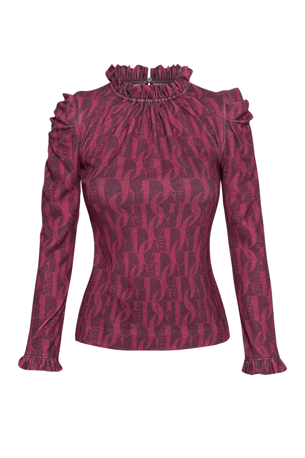 BLOUSE WITH GATHERED NECKLINE AND LOGO PRINT - BURGUNDY LOGO JIORO БЛУЗА ОТ ФИНО ПЛЕТИВО - BURGUNDY LOGO JIORO