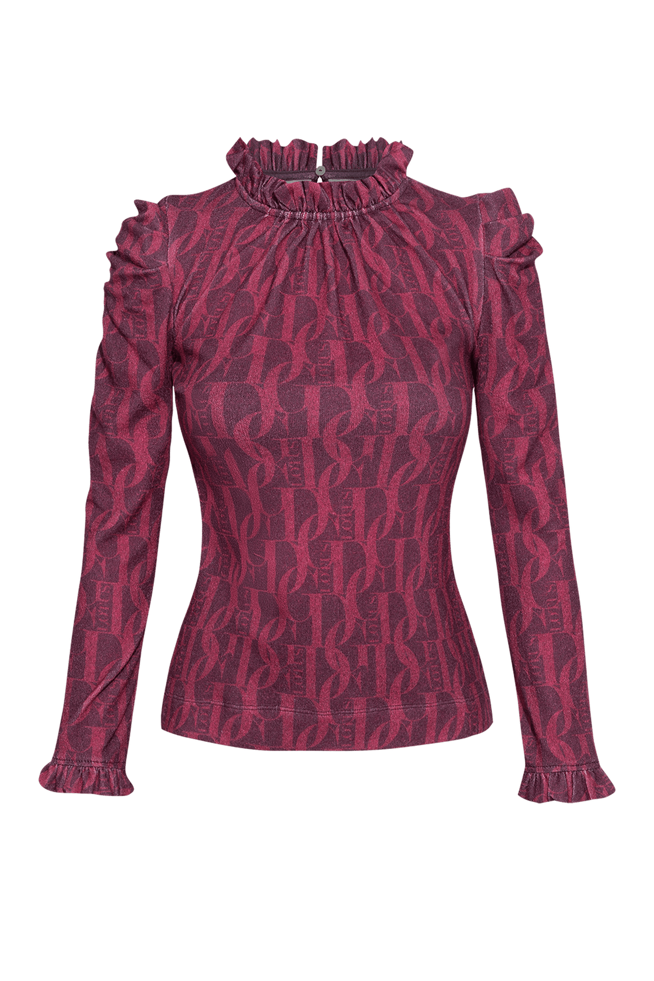 BLOUSE WITH GATHERED NECKLINE AND LOGO PRINT - BURGUNDY LOGO JIORO БЛУЗА ОТ ФИНО ПЛЕТИВО - BURGUNDY LOGO JIORO