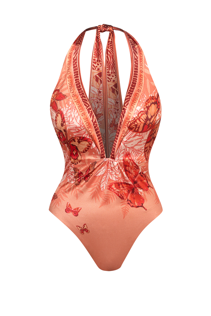ONE-PIECE SWIMSUIT WITH CUPS AND OPEN BACK - PAPAYA BUTTERFLIES JIORO ЦЯЛ БАНСКИ С ДЪЛБОКО ДЕКОЛТЕ И ОТВОРЕН ГРЪБ - PAPAYA BUTTERFLIES JIORO 