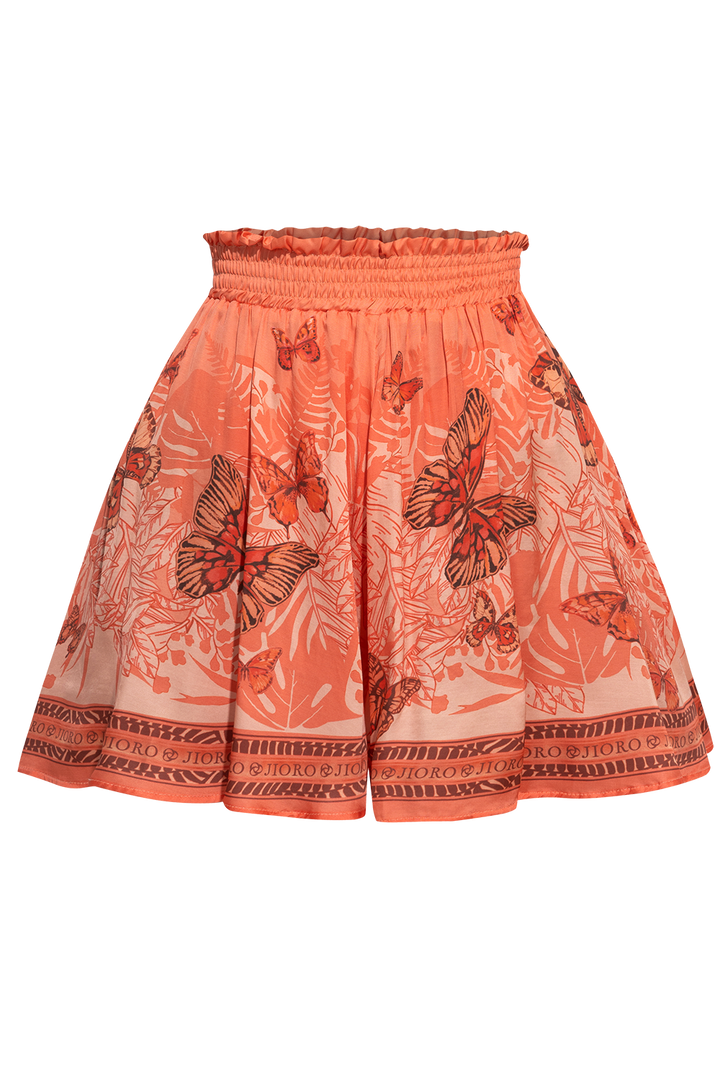 FLARED VISCOSE BERMUDA SHORTS WITH ELASTIC WAIST - PAPAYA BUTTERFLIES JIORO РАЗКРОЕНИ БЕРМУДИ ОТ ВИСКОЗА С ЕЛАСТИЧНА ТАЛИЯ - PAPAYA BUTTERFLIES JIORO