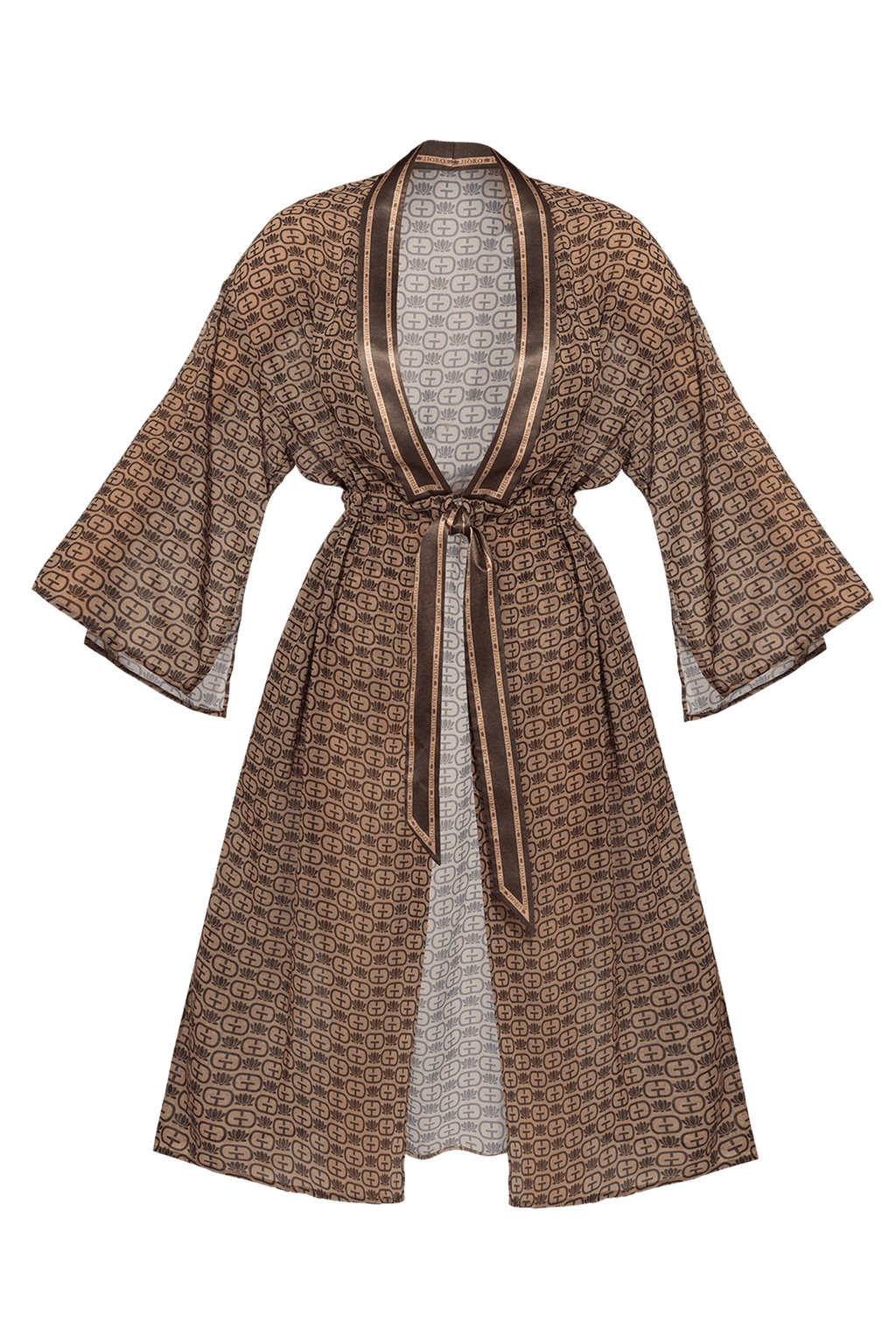 KIMONO WITH PLASTRON AND INTEGRATED BELT IN FRENCH CHIFFON - MOCHA MOUSSE LOGO - Fashion Roots