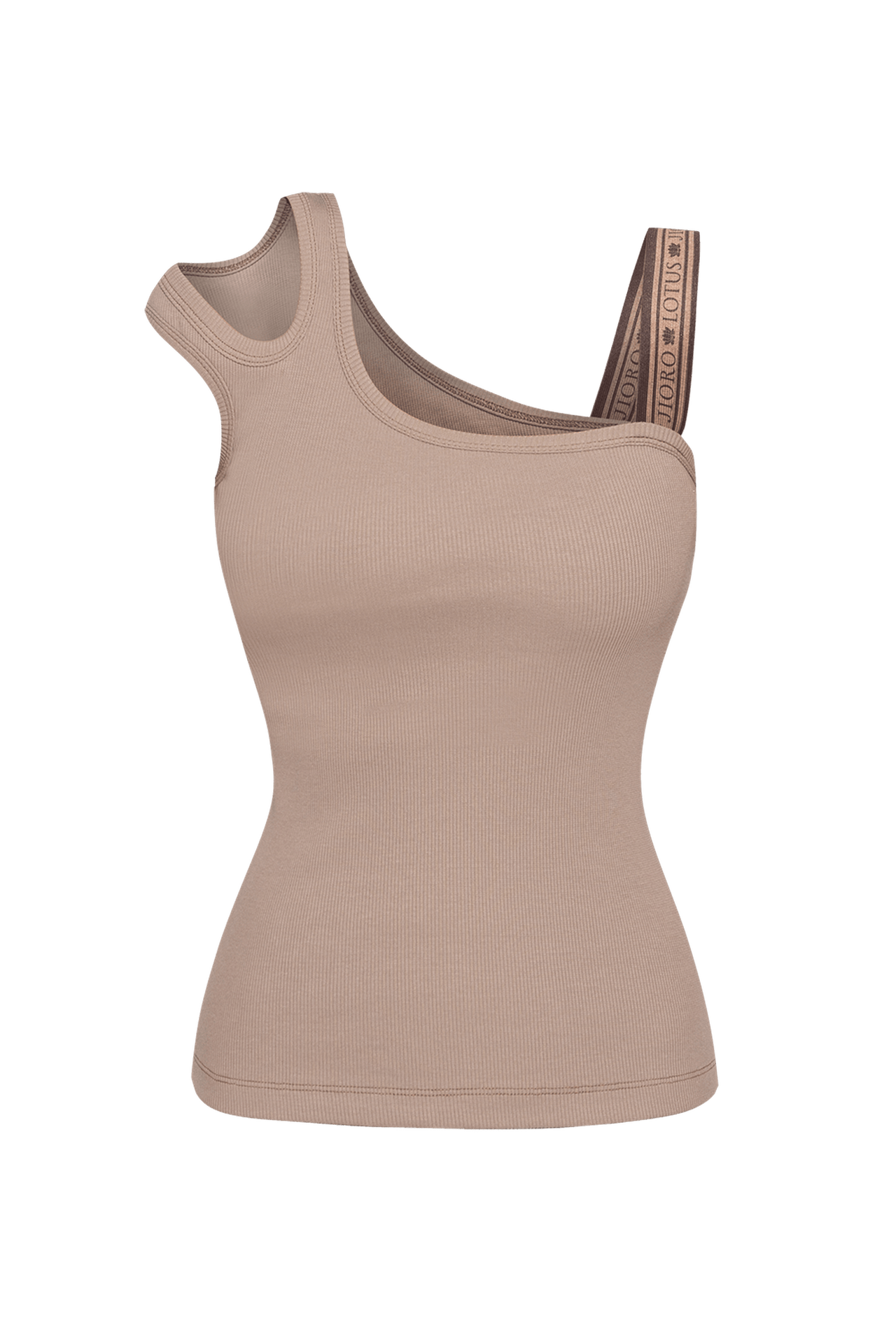 ASYMMETRICAL RIBBED TANK TOP IN BEIGE WITH ELASTIC STRAP MOCHA MOUSSE LOGO - ESSENTIALS - Fashion Roots