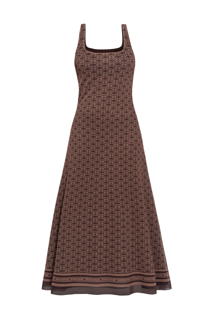 SLEEVELESS LONG MESH DRESS WITH SOFT MODAL LINING - MOCHA MOUSSE LOGOJIORO ДЪЛГА РОКЛЯ БЕЗ РЪКАВ ОТ МРЕЖА С ПОДПЛАТА ОТ ФИН МОДАЛ - MOCHA MOUSSE LOGO JIORO